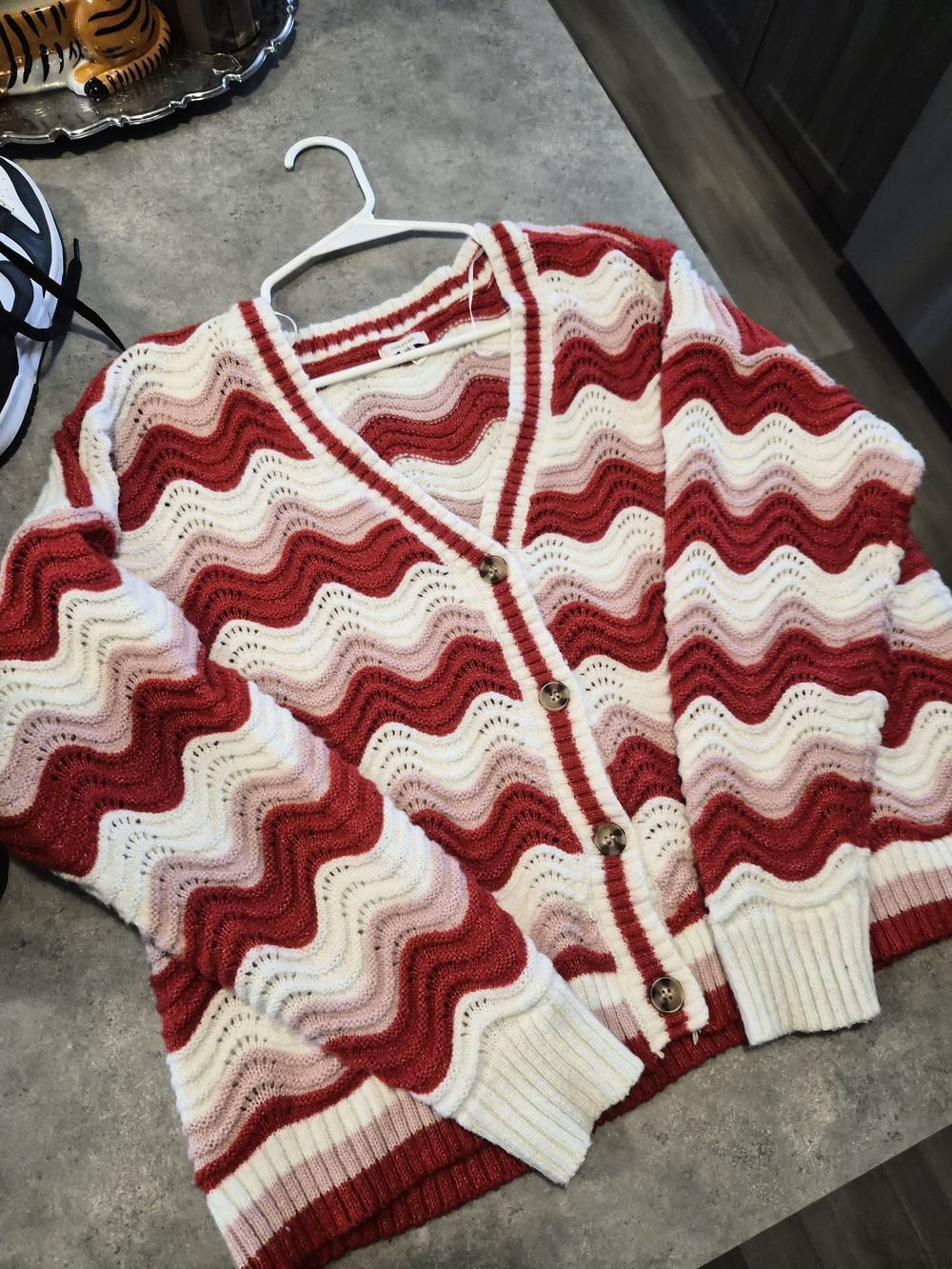 Maurices Red & White Wave-Stripe V-Neck Cardigan